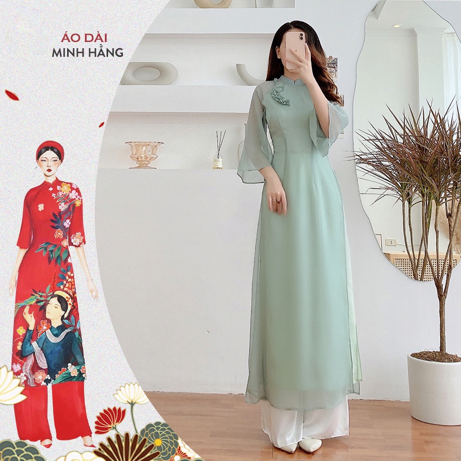 Áo dài cách tân nữ đính hoa ngực thiết kế tay lửng, áo dài nữ bốn tà tay loe nữ tính nhẹ nhàng_Áo dài Minh Hằng