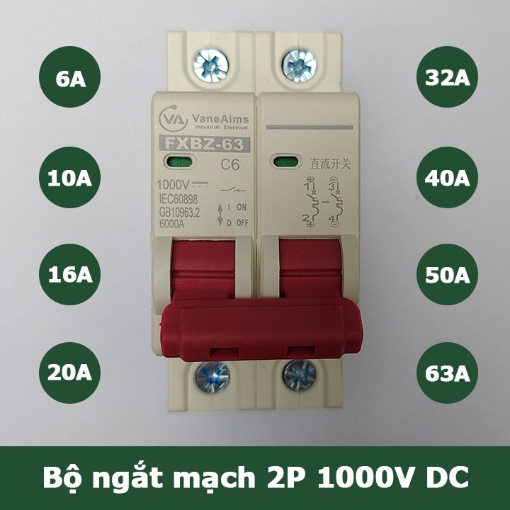 Bộ ngắt mạch CB điện một chiều cầu dao FXBZ-63/2P DC 1000V 6A 10A 16A 20A 32A 40A 50A 63A