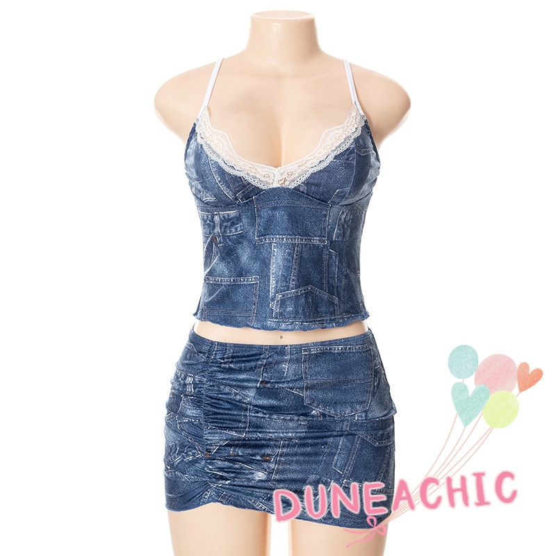 Đầm DUNEA/ Set áo hai dây denim và chân váy DUNEA lưng thấp in họa tiết thời trang mùa hè