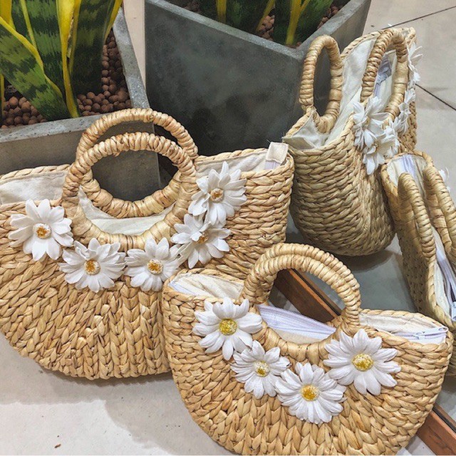 Túi cói bán nguyệt hoa cúc size 30 và 25cm