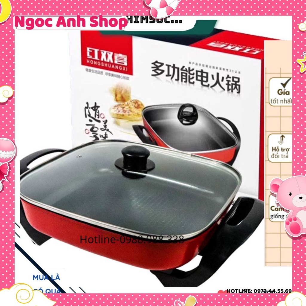 Nồi điện đa chức năng kiểu Hàn,nồi lẩu hình vuông, nồi chiên xào, dung lượng lớn 5L, chống dính, lau rửa dễ dàng