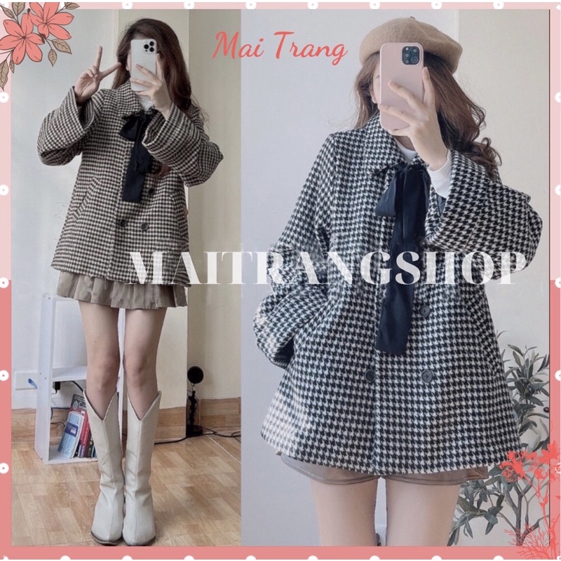 (Ảnh/video thật) Áo khoác dạ nữ kẻ ziczac thắt nơ điệu đà, tiểu thư phong cách Hàn Quốc – (TTA28)