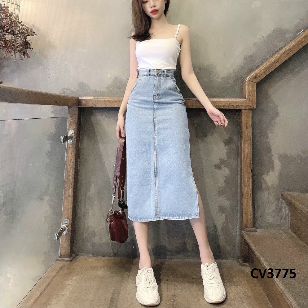 Chân váy jean dáng dài xẻ bên CV3775