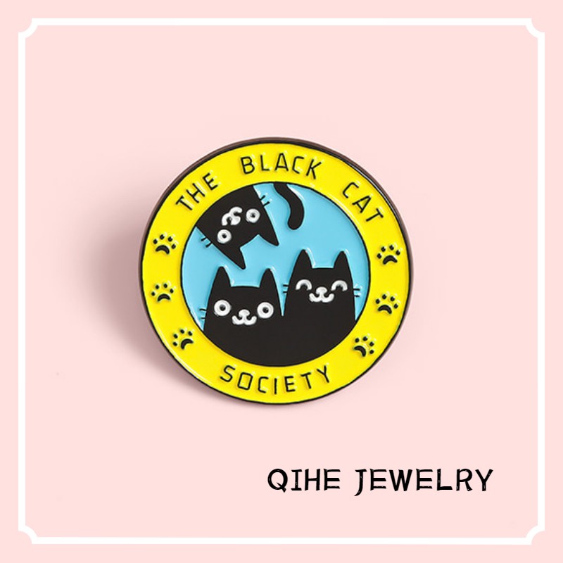 Ghim cài áo QIHE JEWELRY hình mèo đen thiết kế dễ thương