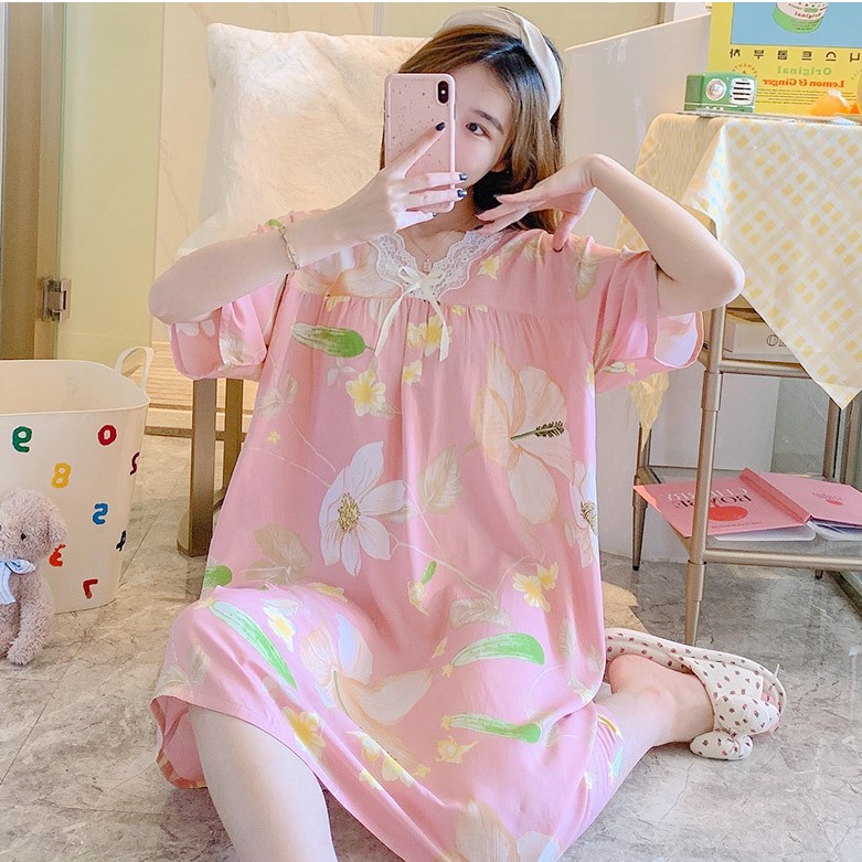 Váy lanh nữ cộc tay cổ ren, dáng suông dài mềm mát, nhiều họa tiết, freesize 45 - 70 kg