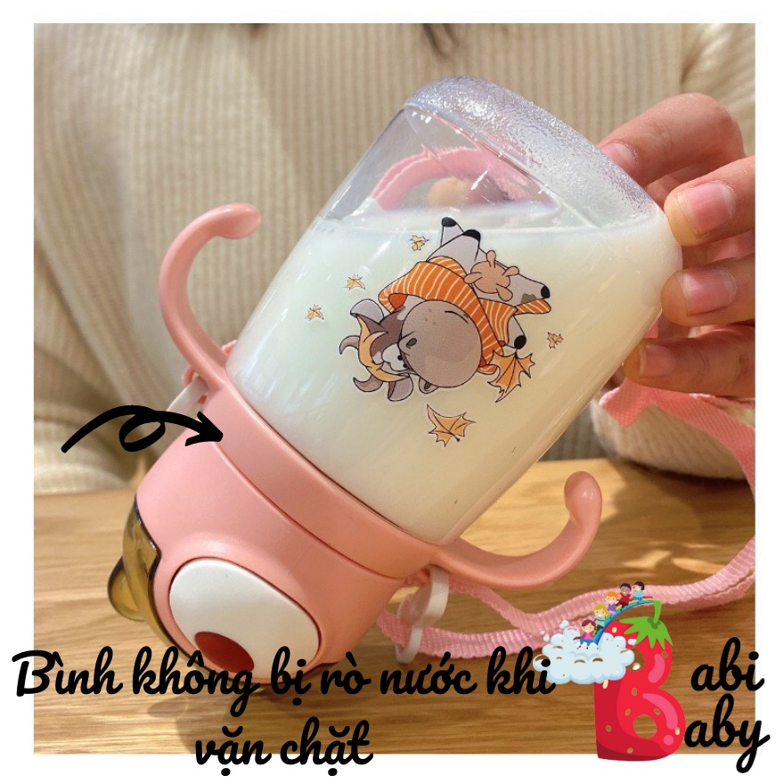 Bình nước học sinh 450ml chịu nhiệt có tay cầm dây đeo tiện dụng an toàn cho bé đi học nhiều hình đáng yêu