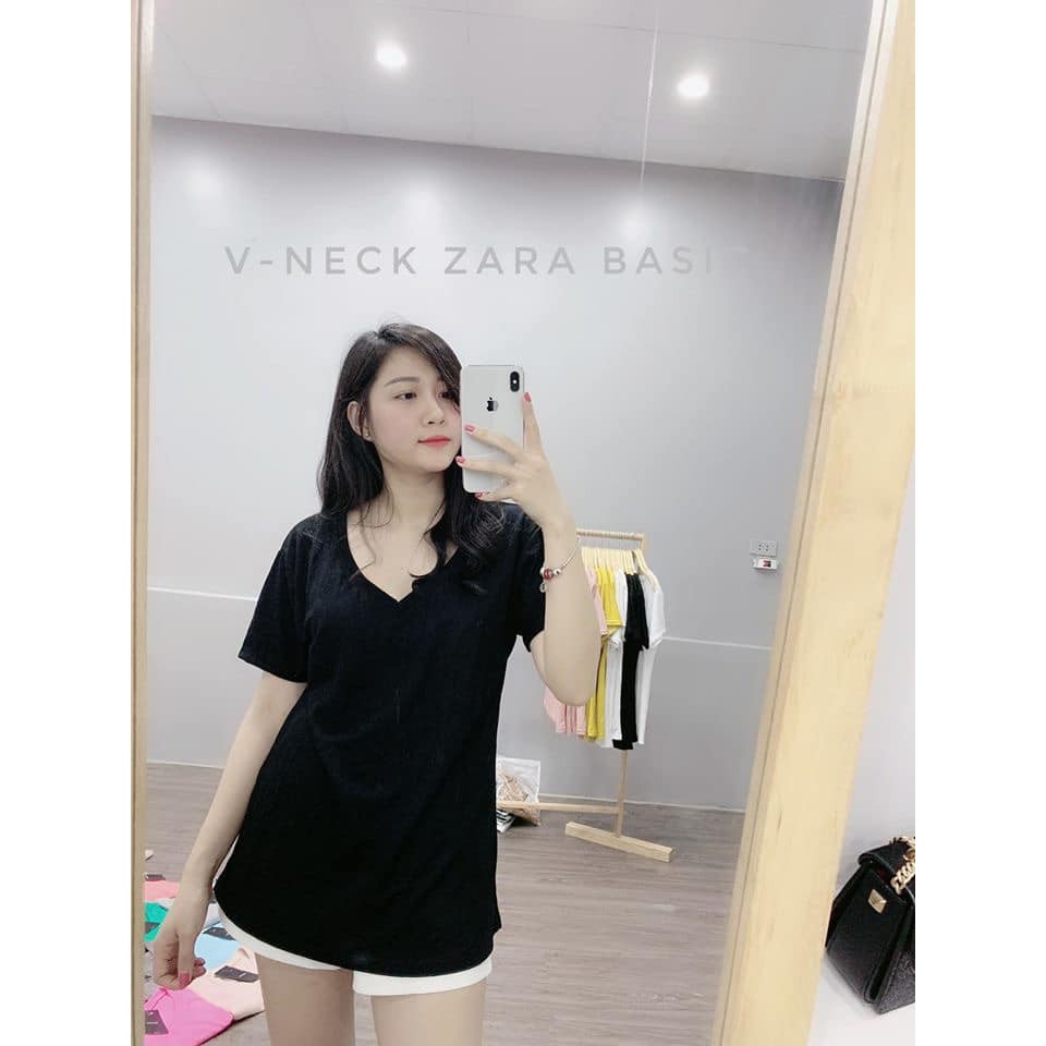 Áo Thun Lụa Giấy Cổ Tim Nữ [FREESHIP] 🌸 Phông trơn cao cấp, form rộng dáng suông màu ĐEN  TRẮNG  HỒNG Ulzzang 🌸