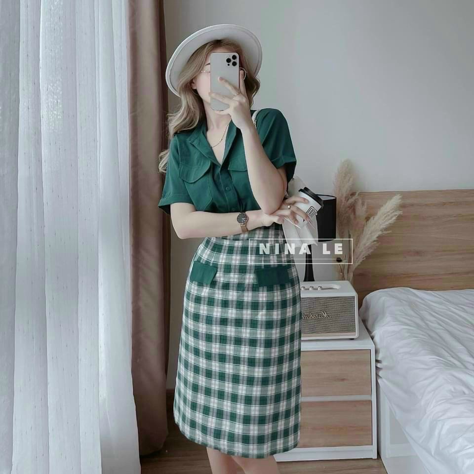 Đầm Rời Công Sở 2 Món Áo Đũi Xanh Lịch Sự Kèm Chân Váy Carô Chất Kate Bố Phù hợp Đi Làm, Đi Chơi Phong Cách Trẻ Trung [N