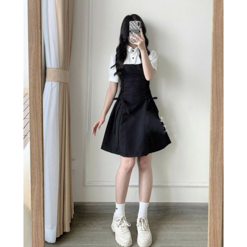 Váy cổ trắng thắt nơ eo - Đầm sơ mi babydoll HS