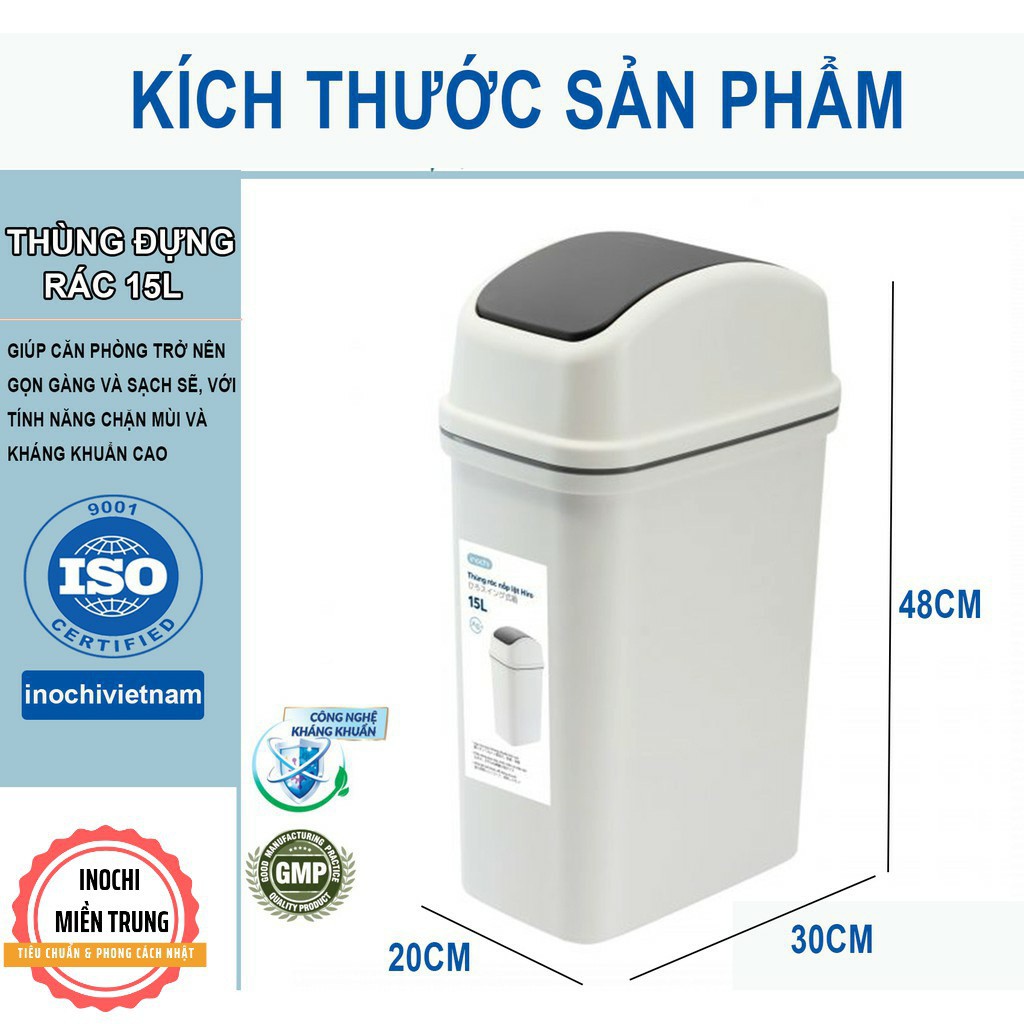 Thùng rác nhựa nắp lật Inochi 15L thiết kế hiện đại  (VUI LÒNG IB SHOP ĐỂ CHỌN MÀU HIỆN CÓ)