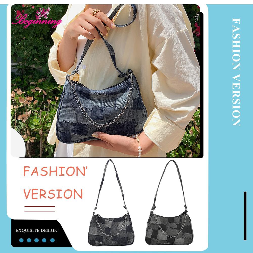 ❀beginning❀Exquisite Women Denim Hit Color Shoulder Underarm Bag Grid Chain Handbags❀