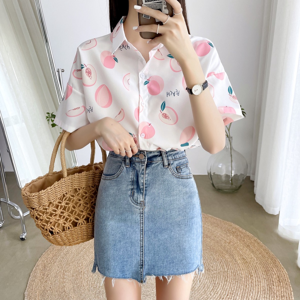 Áo Sơ Mi Nữ Dáng Rộng In Hình Trái Cây Phong Cách Hàn Quốc Thời Trang Mùa Hè Hàng Mới