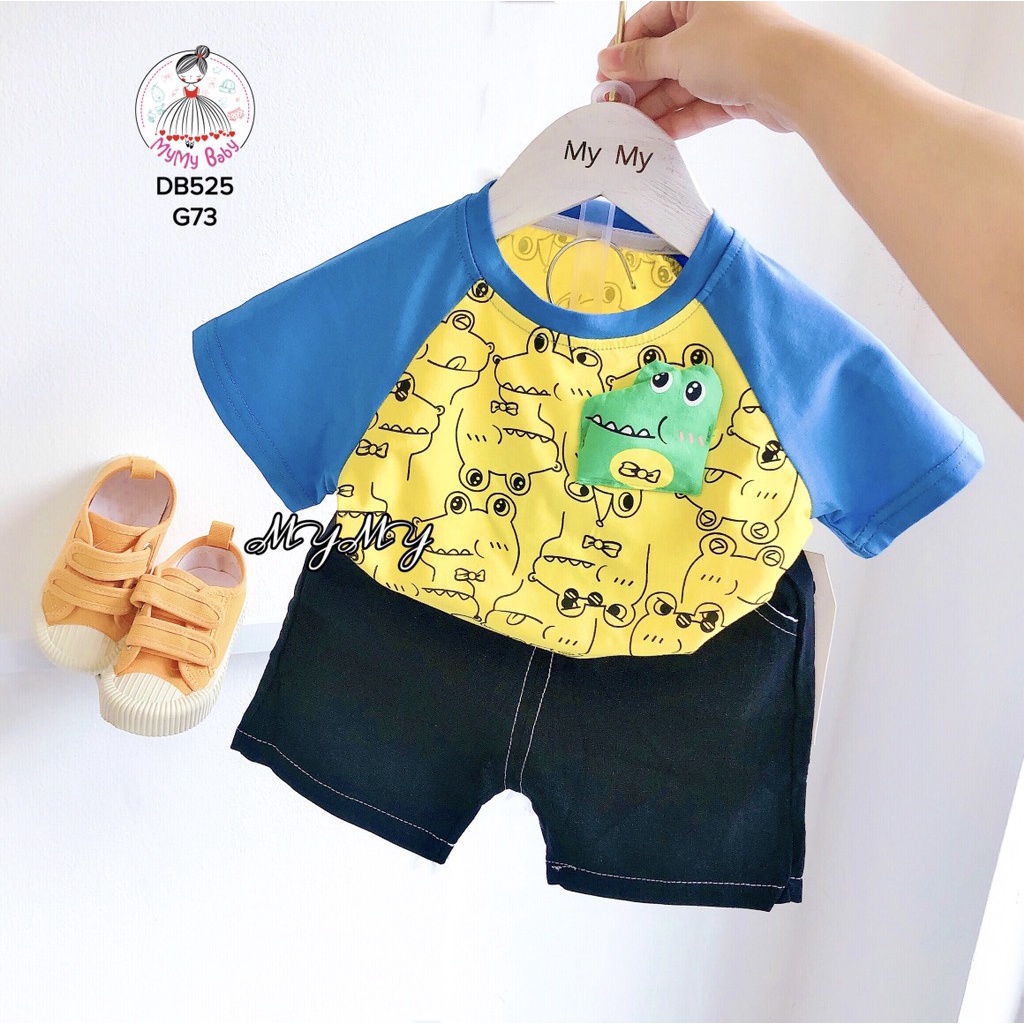 Đồ bộ cá sấu vàng tay xanh quần viền trắng giả jean