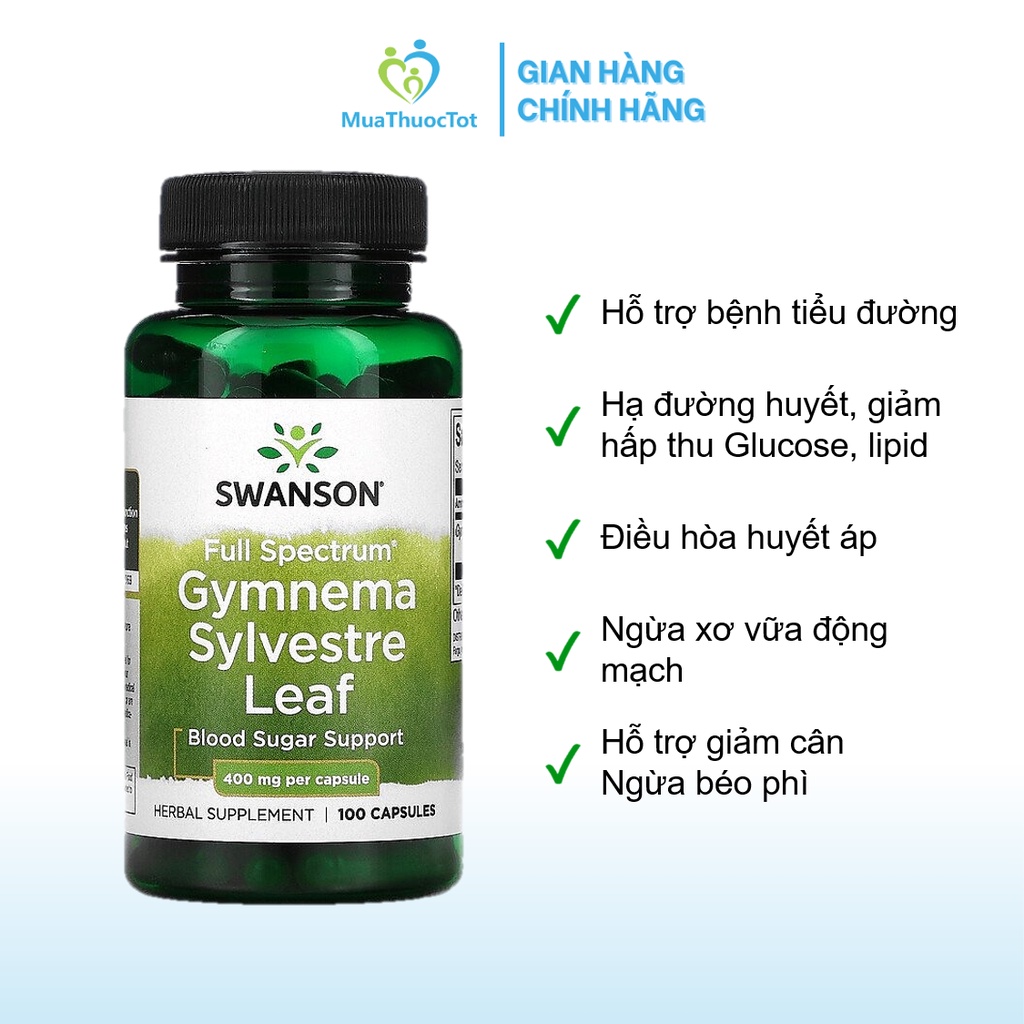 Swanson Gymnema Sylvestre Leaf 400mg - Viên uống hỗ trợ đường huyết cho người tiểu đường 100 viên