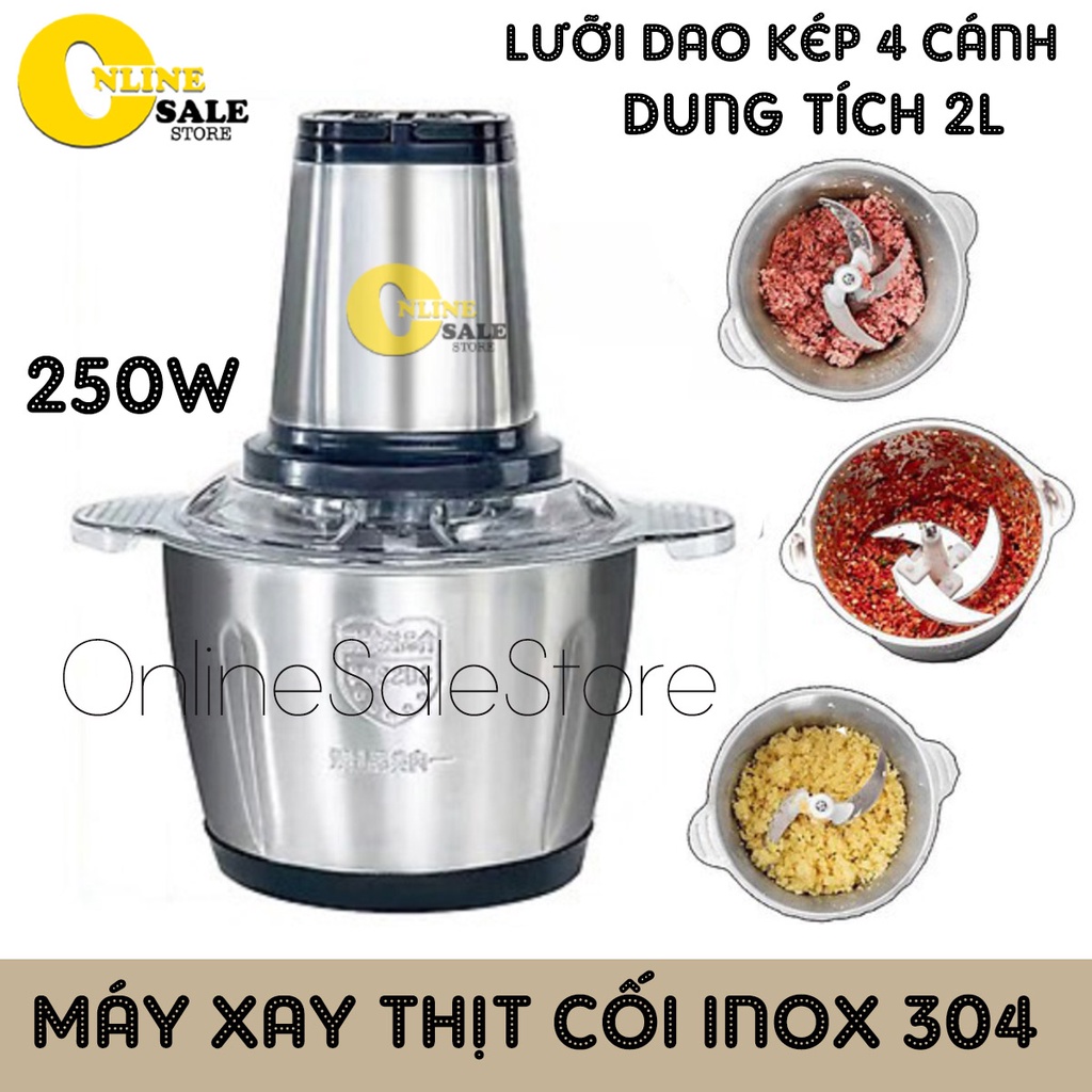 Máy Xay Thịt Đa Năng Cối INOX 304 2L Công Suất 250W, 4 Lưỡi, Cối xay thực phẩm