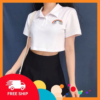 [FreeShip] Áo Croptop Tay Ngắn Cổ Bẻ (Trắng - Tím) Kèm Ảnh Thật
