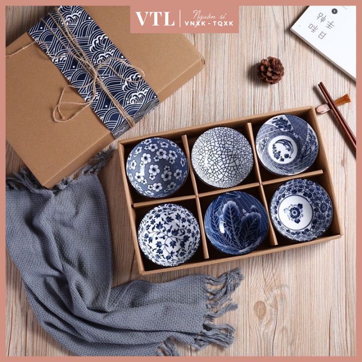 Bộ 6 bát gốm sứ vân chìm sang trọng kèm hộp lịch sự