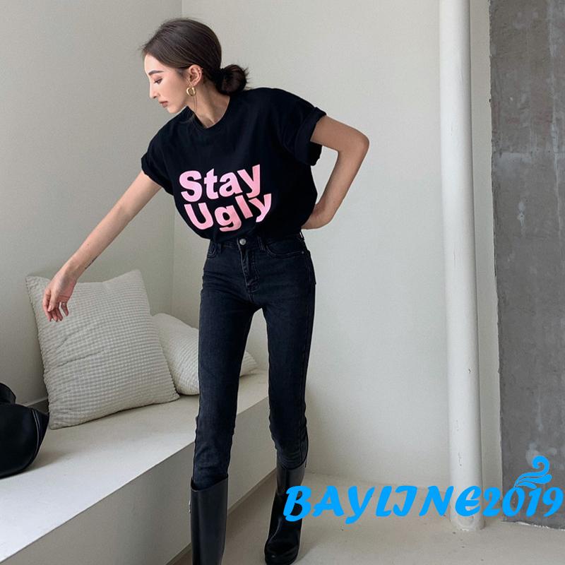 BAY-Women Short Sleeve T-shirts Letter Print Summer Loose Casual Pullover Tops Blouse Streetwear