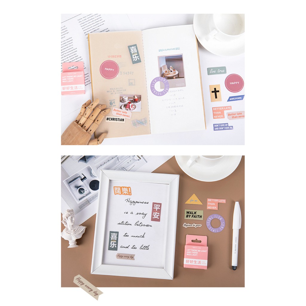 Sticker hộp 46 miếng dán - Thông Điệp Hồng - Hộp nhãn dán trang trí sổ tay bullet journal - M336