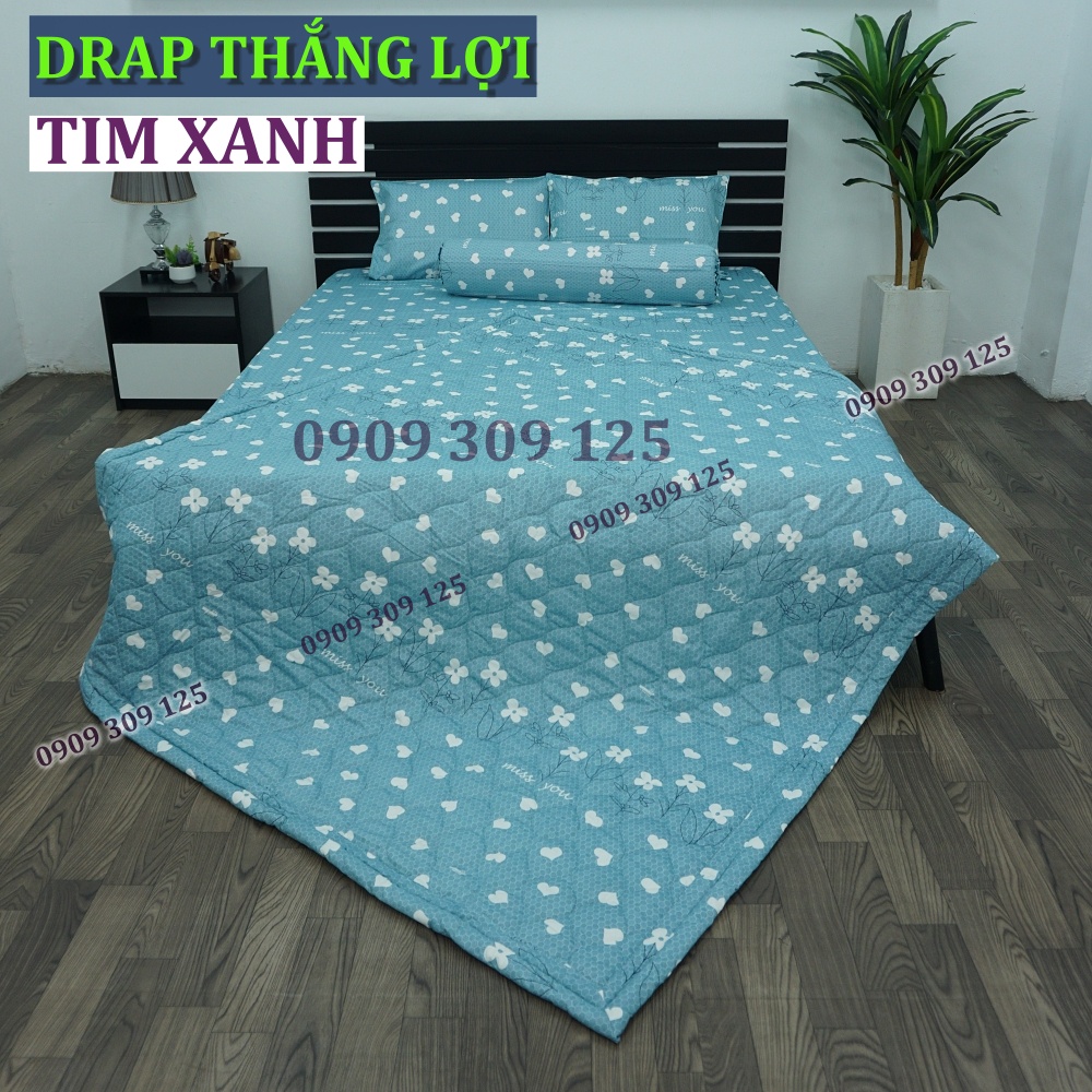 Drap Thắng Lợi, ga giường cao cấp thoáng mát cotton 100% mẫu TIM XANH