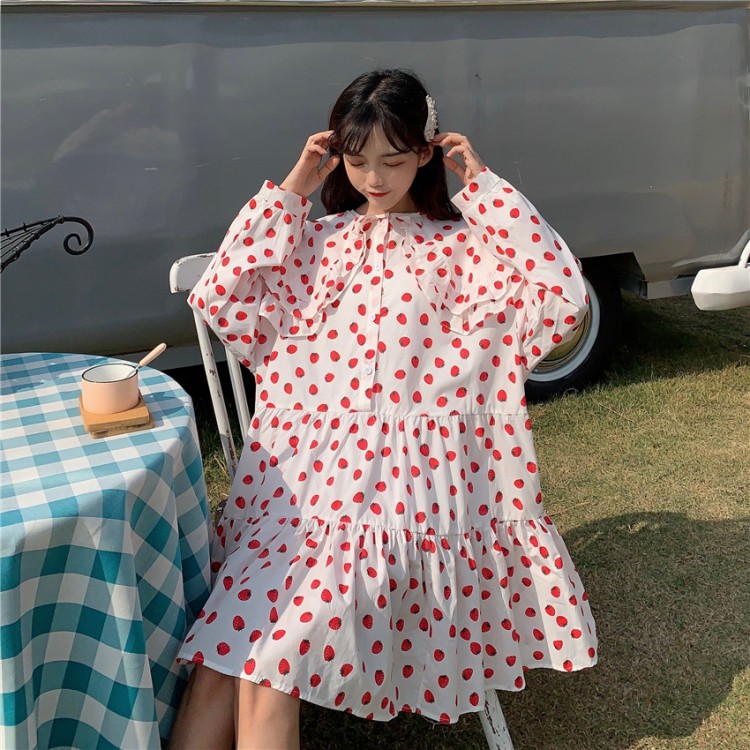 Đầm baby doll dễ thương tay dài dâu tây cố áo búp bê ulzzang ( 2 màu )
