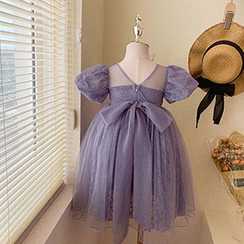 Đầm Công Chúa Tay Phồng Phối Lưới Đính Nơ Đáng Yêu Cho Bé Gái