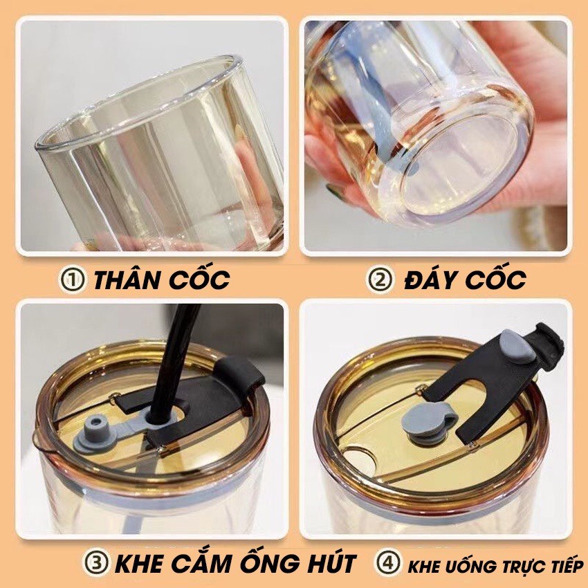 [ Hàng Loại 1 ] Cốc Thủy Tinh Bọc Da Sang Trọng 450ML - TẶNG Kèm Ống Hút Và Nắp Chống Tràn Tiện Lợi