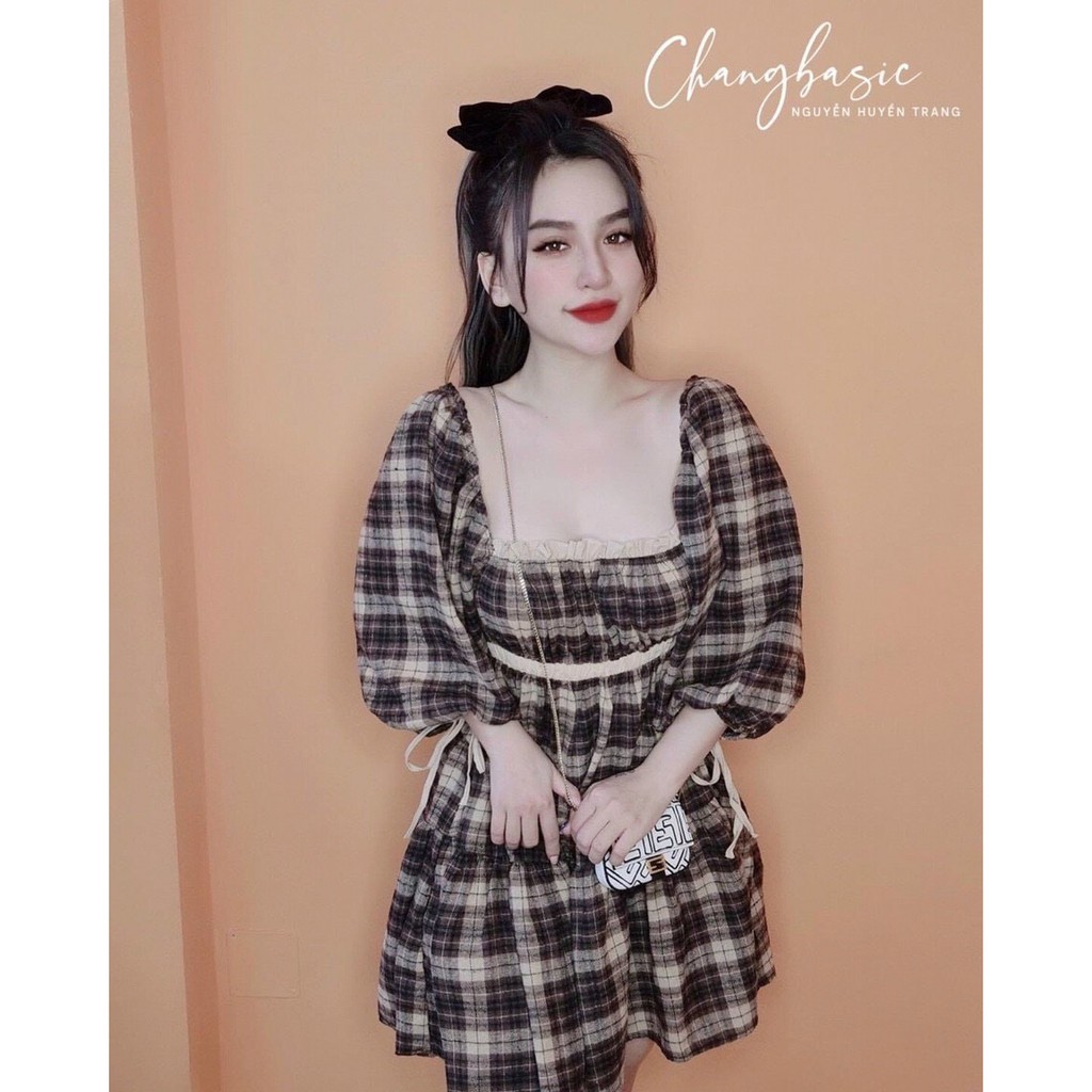 Đầm Xòe Tay Dài Dễ Thương Họa Tiết Karo Sang Trọng 2 Màu Cổ Vuông Phối Bèo lụa Cực Xinh Thời Trang Dạo Phố - Winchois | BigBuy360 - bigbuy360.vn