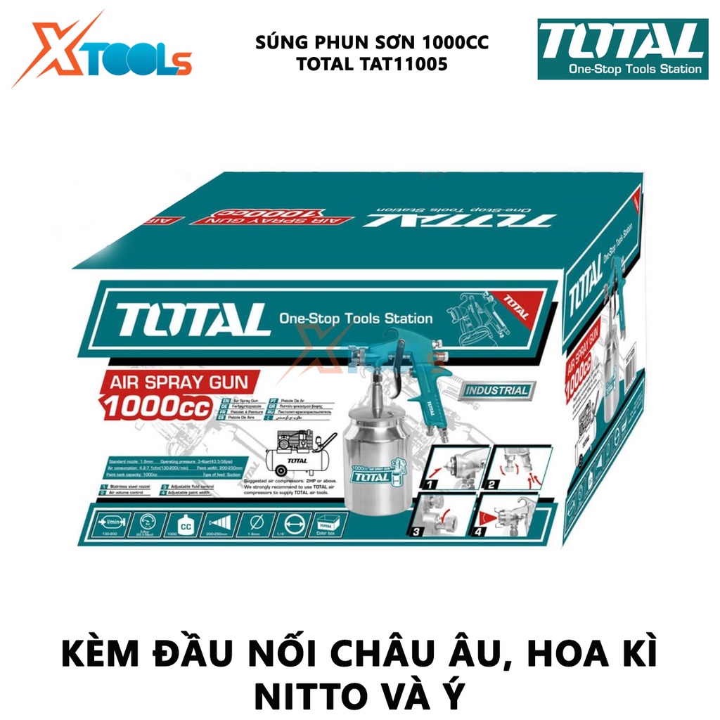 Súng phun sơn Total TAT11005 Máy phun sơn cầm tay Đầu vòi 1.5mm Áp lực: 3-4bar Mức tiêu thụ 4.2-7.1cfm [XTOOLs]