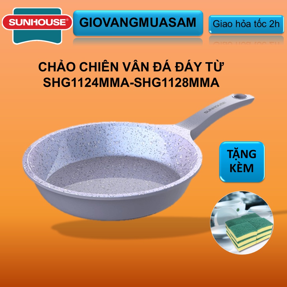 Chảo chiên siêu bền vân đá đ.từ Sunhouse Mama SHG1124MMA - SHG1128MMA + TẶNG MIẾNG RỬA BÁT BỌT BIỂN