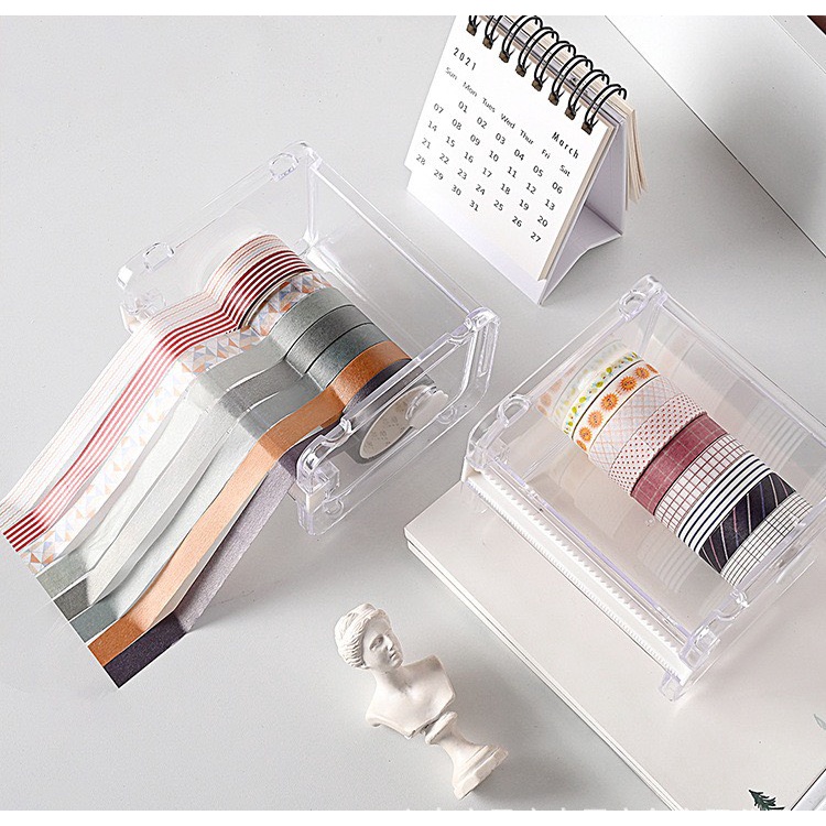 Hộp cắt washi tape Béo shop đựng cắt băng dính đa năng mini bằng nhựa Acrylic trong suốt size lớn 2 lưỡi dao tiện lợi