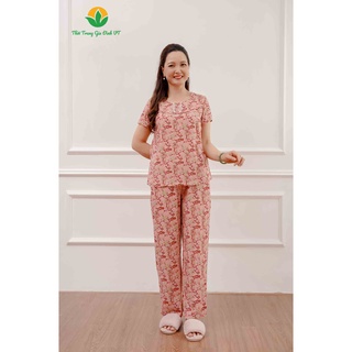 Bộ mặc nhà trung niên xuân hè Việt Thắng, quần dài, áo cộc tay, chất liệu Lanh B08.2201