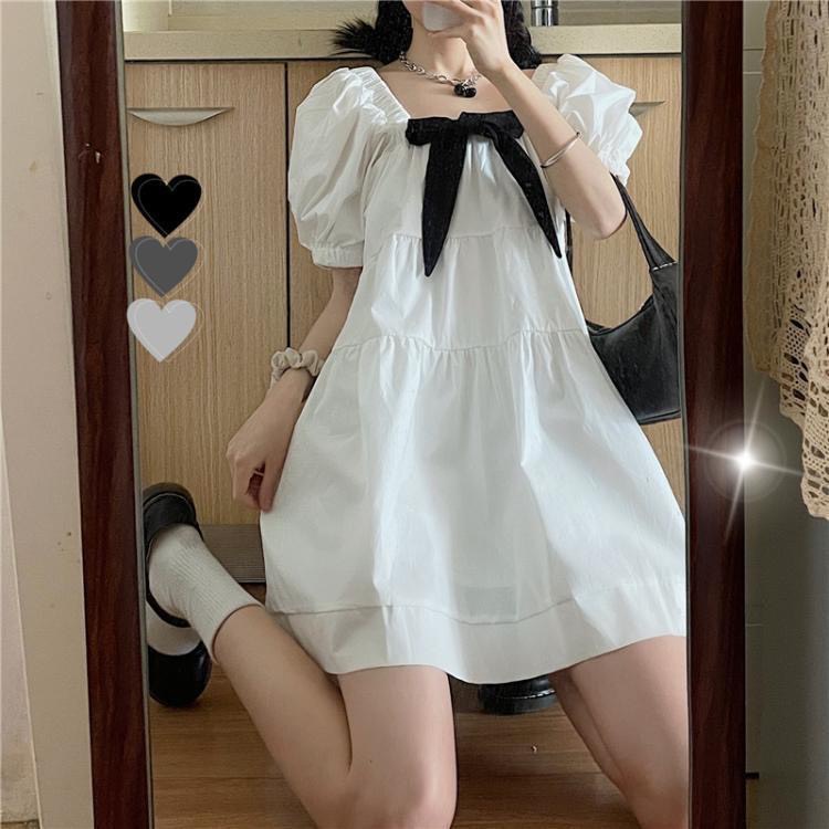 Váy Babydoll Nữ ,Váy Tiểu Thư Trắng Xoè Cổ Vuông Đính Nơ,Freesize Dưới 60kg, Chất Thô Mềm Xếp Tầng Phong Cách Hàn Quốc | BigBuy360 - bigbuy360.vn