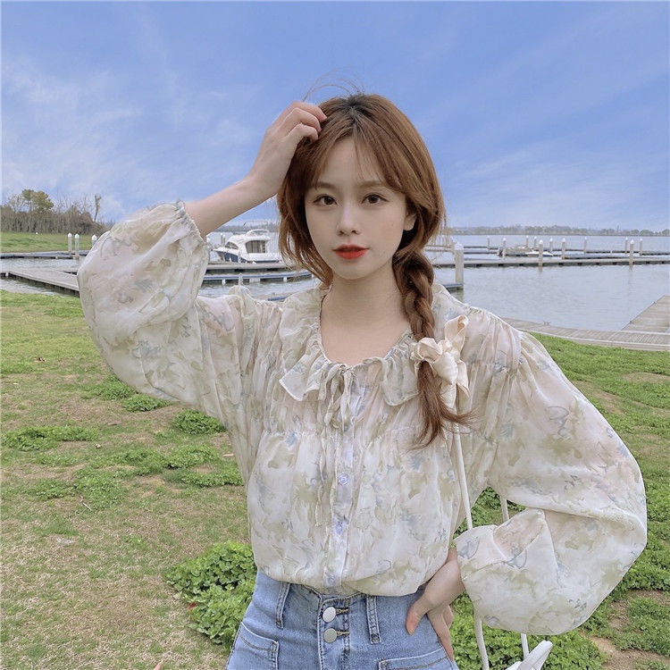 Áo Sơ Mi Tay Phồng Dáng Rộng In Họa Tiết Hoa Dễ Phối Đồ Thời Trang Cho Nữ