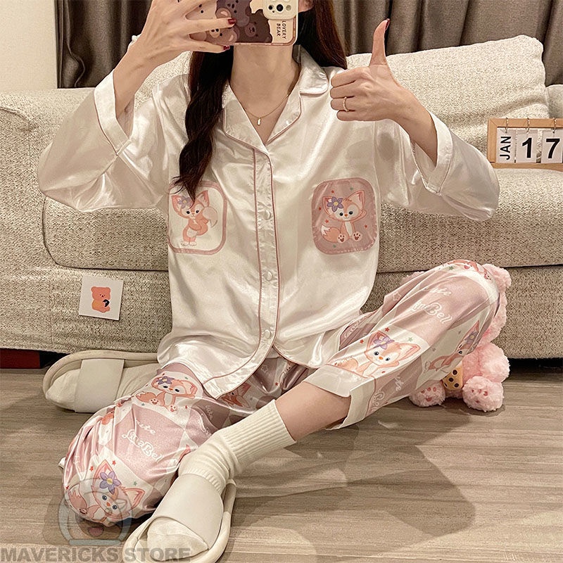 Bộ Đồ Ngủ Tay Dài Vải Lụa Mát Thời Trang Xuân Thu Cho Nữ