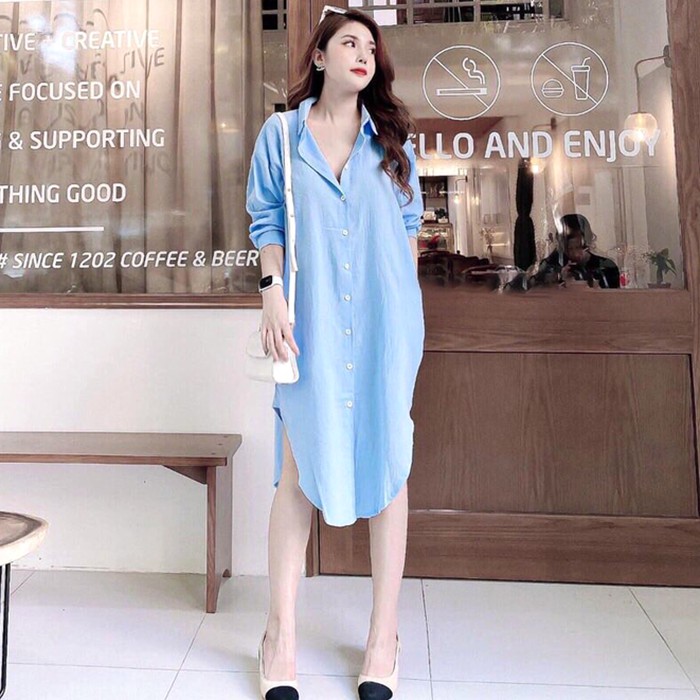 Đầm sơ mi đũi dáng suông trẻ trung, thời trang trẻ, phong cách Hàn Quốc