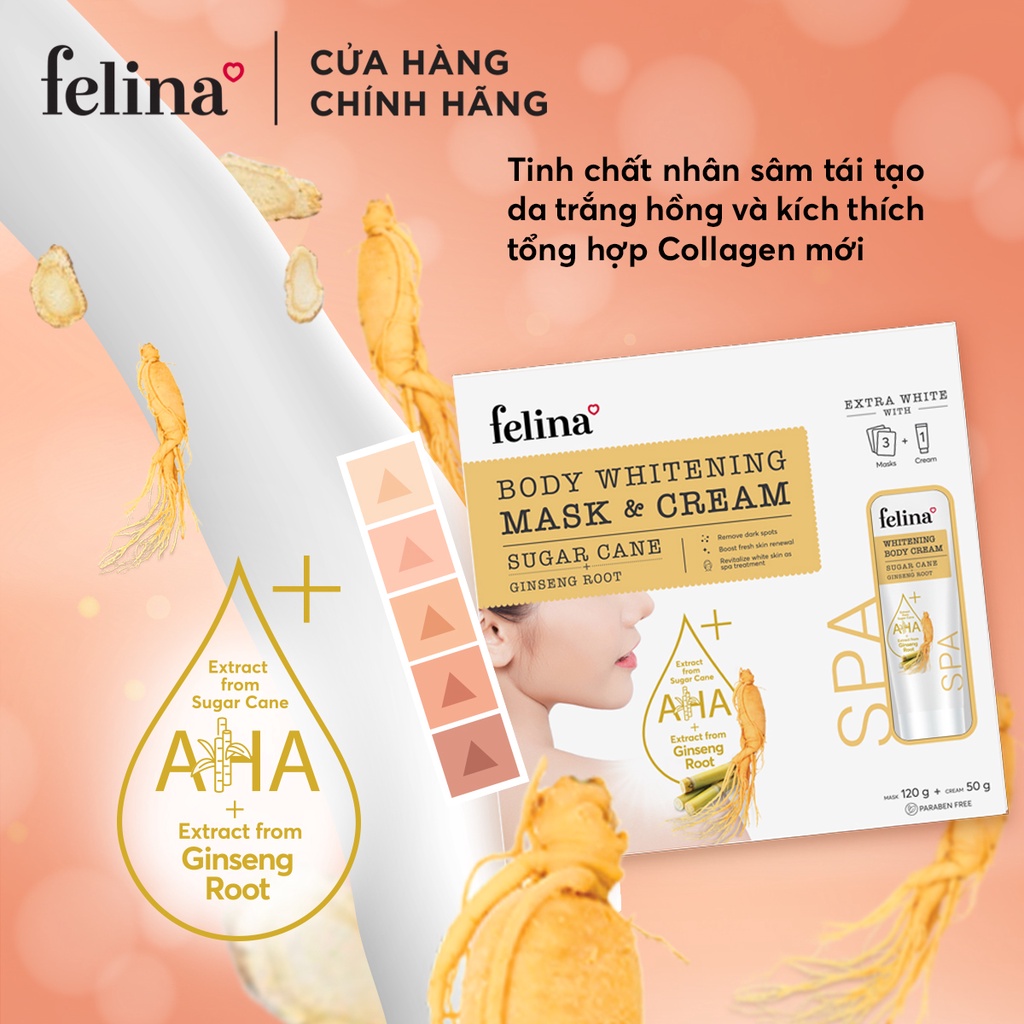 Combo mặt nạ ủ trắng da toàn thân AHA từ đường mía Felina 120g và kem dưỡng trắng da toàn thân 50g tinh chất Nhân sâm | BigBuy360 - bigbuy360.vn