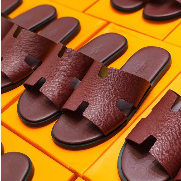 Dép lê quai ngang HM đế gỗ da thật Đỏ gạch Fullbox MLN SIZE 38-43