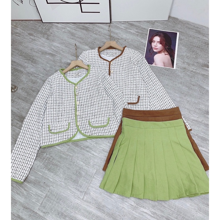 Sét dạ nữ phối viền cúc ngọc + chân váy xếp ly kèm ảnh thật - hàng có sẵn