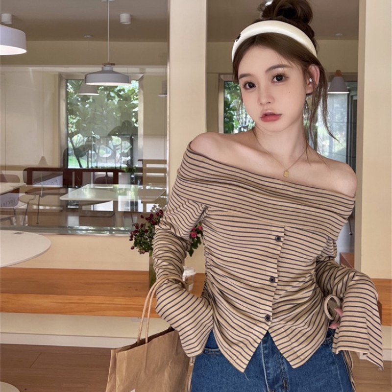 Áo Thun Dài Tay Phối Dây Rút Hoa Văn Kẻ Sọc Thời Trang Dành Cho Nữ