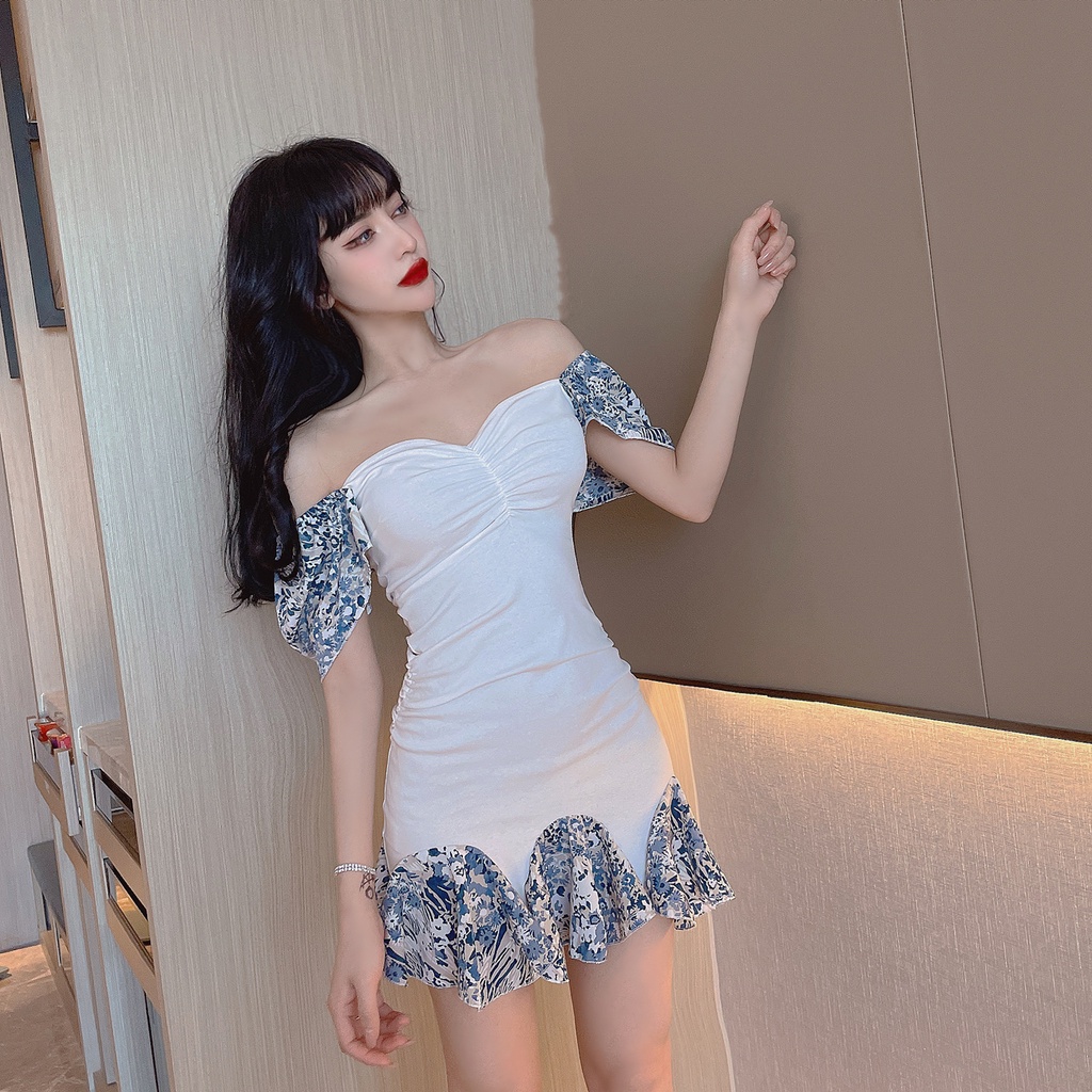 Blue floral holiday travel waist-covering hip fishtail sexy fashion A- line dress