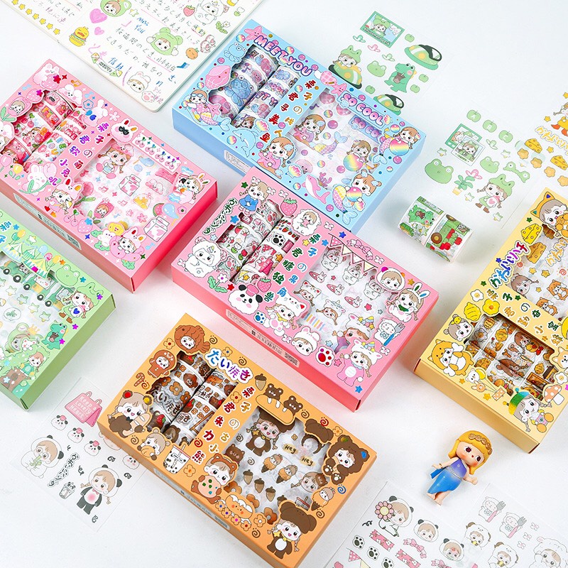 Hộp 10 cuộn washi tape sticker cute hình dán kèm 10 sticker cute băng keo trang trí sổ dễ thương loại không thấm nước
