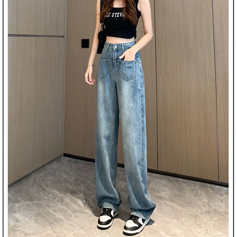 Quần Jeans Ống Rộng Lưng Cao Phong Cách Retro Cho Nữ