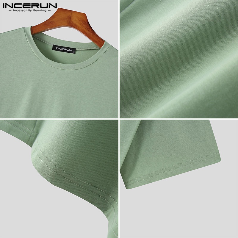 Áo thun INCERUN tay ngắn cổ tròn giả hai lớp màu sắc đơn giản thời trang cho nam giới