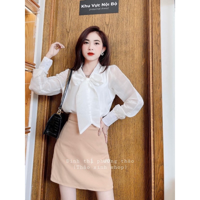 SNU172 - SET NỮ ÁO SƠ TRẮNG CỔ NƠ MIX CVAY NÂU