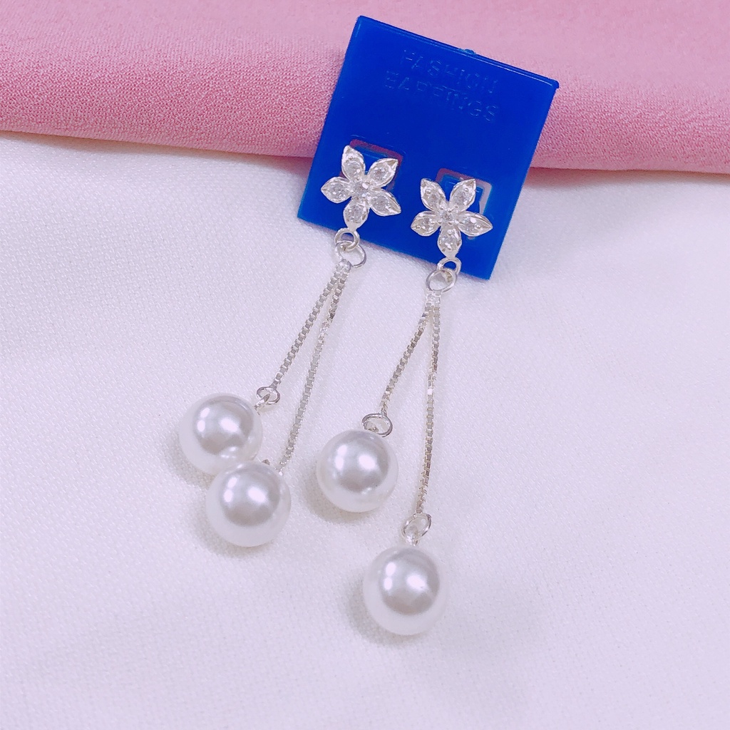 Bông tai hoa đính tua treo hạt dài xinh xắn LINH MIU SILVER