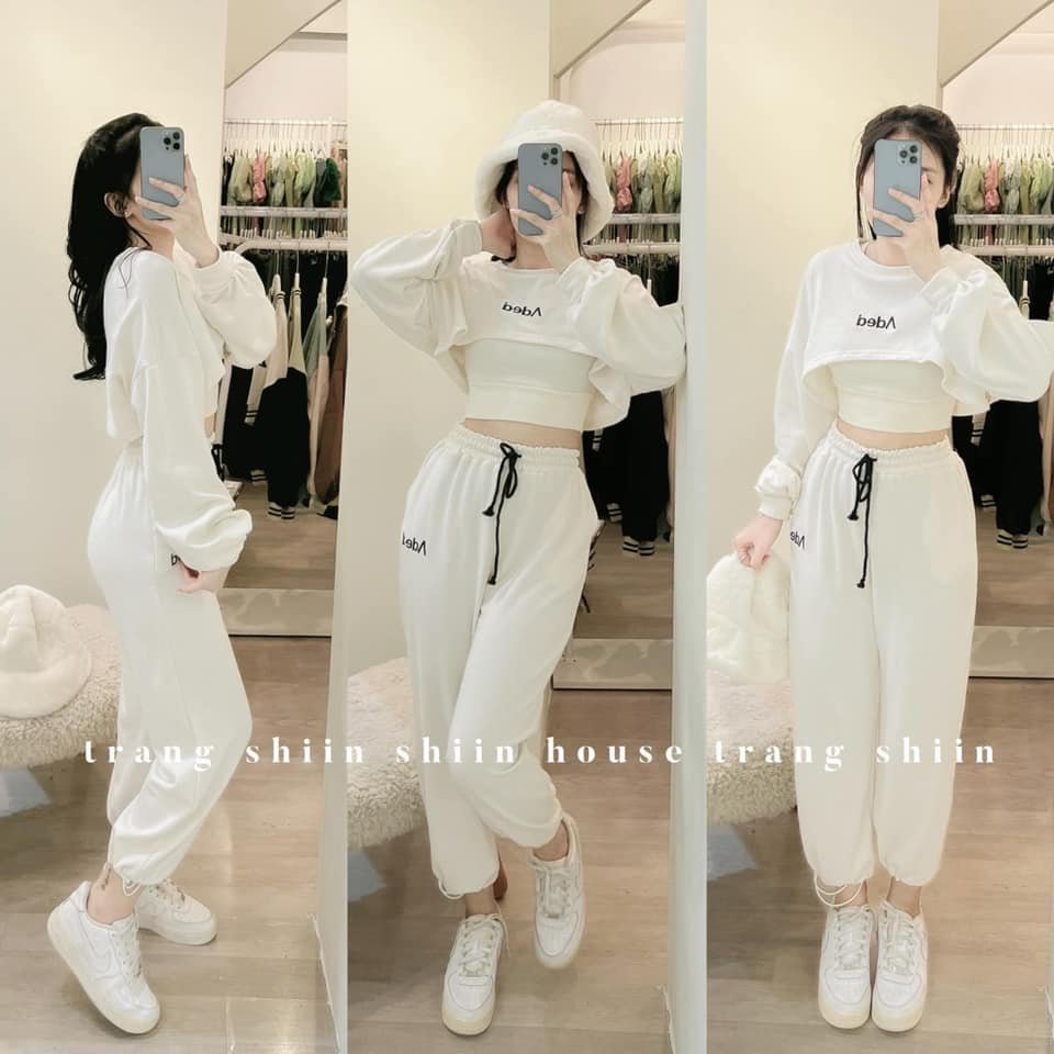 Set bộ nữ 3 chi tiết thêu chữ ngực chất thun tăm siêu xinh, Set đồ nữ lên chuẩn dáng