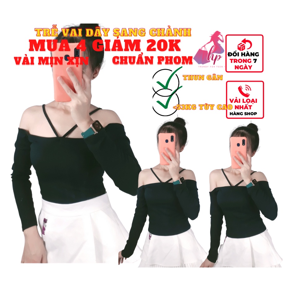 áo 2 dây nữ kiểu bẹt trễ vai tay dài  vải thun gân màu trắng đen mịn xịn sang chảnh phong cách hàn quốc