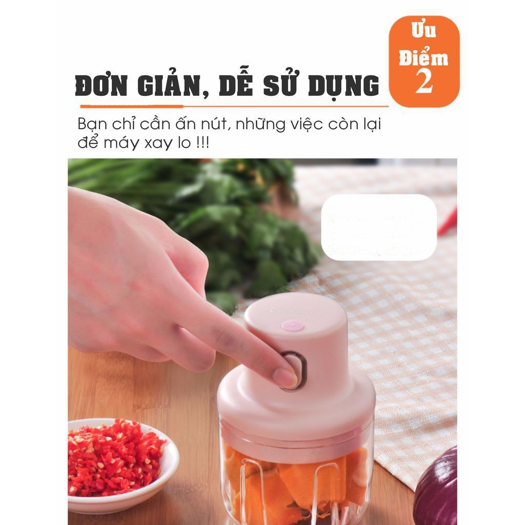 Máy Xay Đa Năng, Máy Xay Tỏi Ớt Mini Cầm Tay Sạc Pin Nhỏ Gọn Dung Tích 250ml (Nhỏ gọn - Tiện Lợi - An toàn)