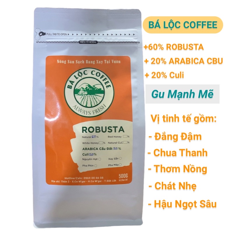 500g Cà phê nguyên chất với tỷ lệ phối Robusta + 20% Arabica + 20% Culi mang đến vị nếm tinh tế hậu ngọt sâu